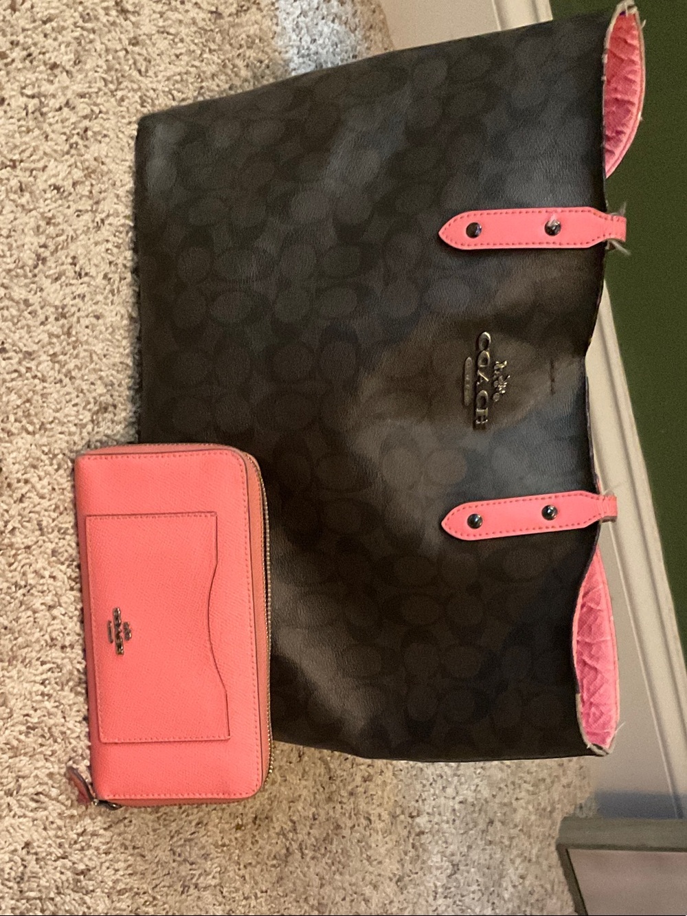 Coach Black Signature Tote with Pink Trim and Pink Wallet Set